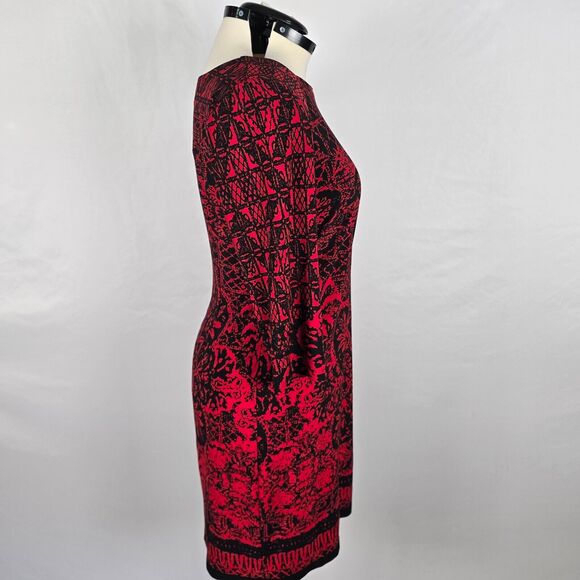 AB Studio Dress Women's 14 Red Black Aztec Floral Pattern Bodycon Long Sleeve - Picture 14 of 16